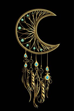 Siyah arka planda tüyleri ve mücevherleri olan altın lüks rüya yakalayıcılı vektör çizimi. Etnik öğeler, tüyler, boncuklar