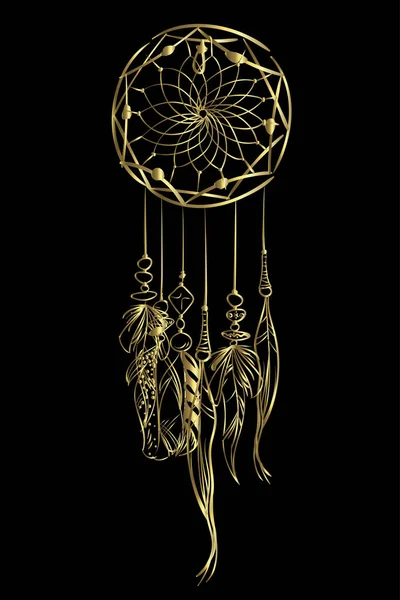 Vektör çizim altın lüks Rüya yakalayıcı tüylü siyah bir arka plan ile. Süslü etnik öğeler, tüyler, boncuk