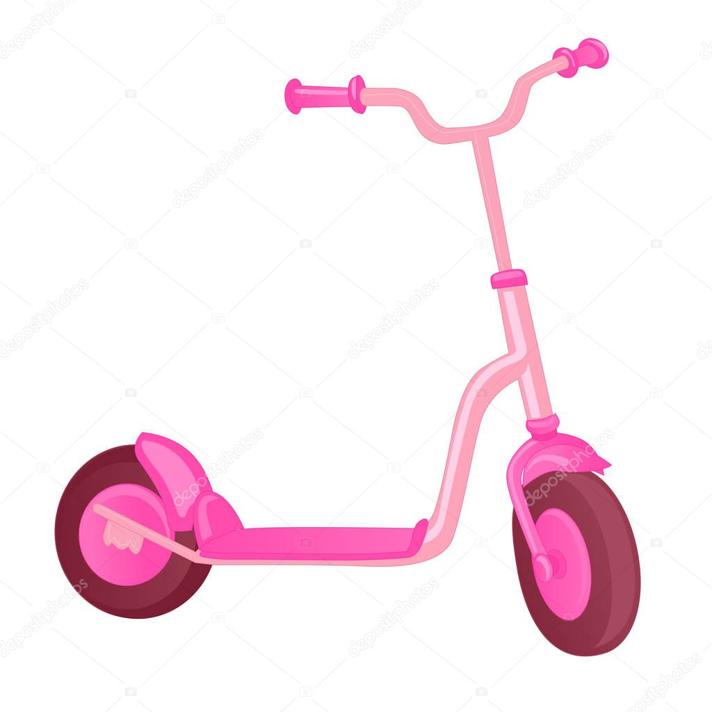 Pink roller scooter for children. Balance bike. Eco city transport. Vector kick scooter collection. Push cycle isolated on white