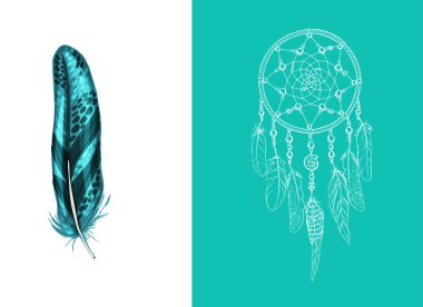 Tasarım ve dekor elementleri. Ayrıntılı renkli tüy beyaz arkaplanda izole edilmiş. Pembe arka planda elle çizilmiş etnik rüya yakalayıcı. Vektör illüstrasyonu