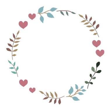 Kalp ve yaprak daire kare siyah bir zemin üzerine doodle. Çelenk yaprak. Tasarım, kartpostallar, yazdırma için hazır şablon