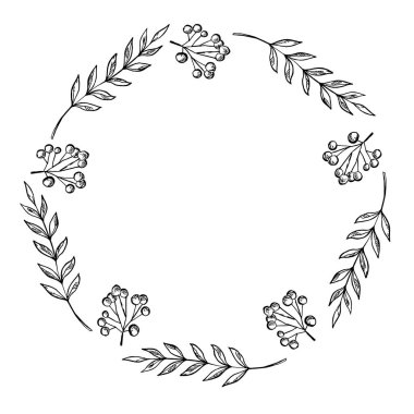 Tek renkli berry ve yaprak daire kare beyaz bir arka plan üzerinde doodle. Çelenk yaprak. Tasarım, kartpostallar, yazdırma için hazır şablon