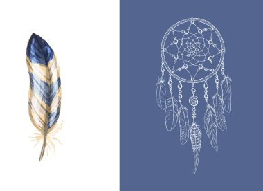 Tasarım ve dekor elementleri. Ayrıntılı renkli tüy beyaz arkaplanda izole edilmiş. Pembe arka planda elle çizilmiş etnik rüya yakalayıcı. Vektör illüstrasyonu