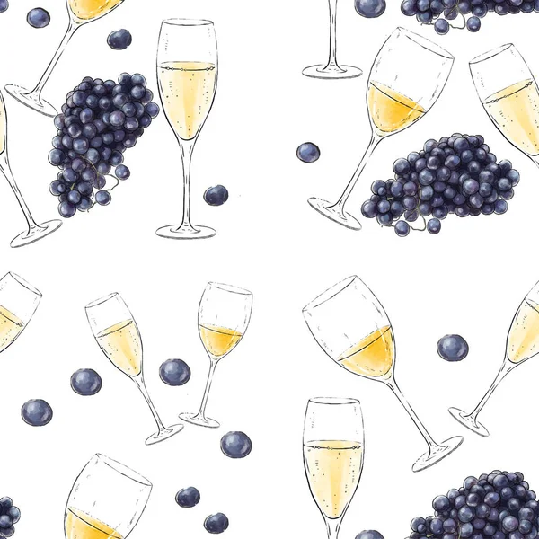 Vector Festivo Patrón Sin Costuras Con Copas Vino Uvas Sobre — Vector de stock