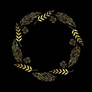 Berry ve yaprak daire kare siyah bir zemin üzerine doodle. Yaprak altın çelengi. Tasarım, kartpostallar, yazdırma için hazır şablon