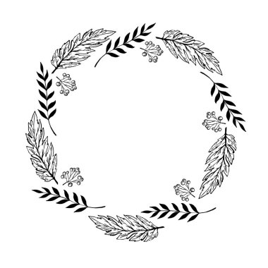 Tek renkli berry ve yaprak daire kare beyaz bir arka plan üzerinde doodle. Çelenk yaprak. Tasarım, kartpostallar, yazdırma için hazır şablon