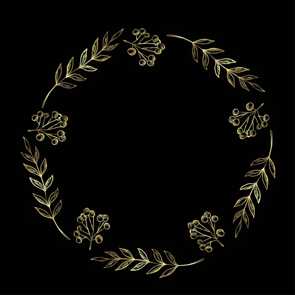 Doodle Berry Leaf Circle Frame Black Background Golden Wreath Leaves — Stock Vector