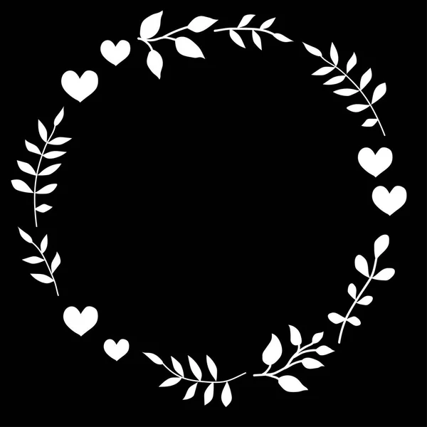 Doodle Herz Und Blatt Kreis Rahmen Auf Schwarzem Hintergrund Laubkranz — Stockvektor