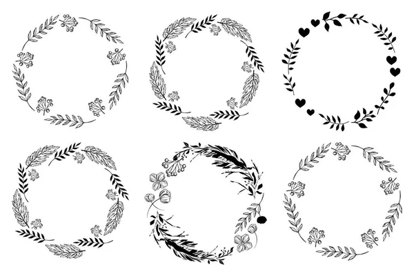 Σύνολο Πλαισίων Μονόχρωμη Κύκλο Doodle Φύλλα Λουλούδια Και Στεφάνια Μούρο — Διανυσματικό Αρχείο