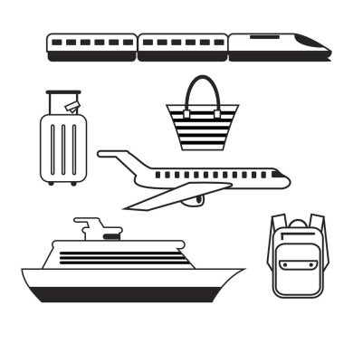 Seyahat ikonları. Mobil uygulama, yazdırma, web sitesi simgesi. Basit elementler. Tek renkli uçak, tren, gemi ve bagaj taşıyıcı çizimi