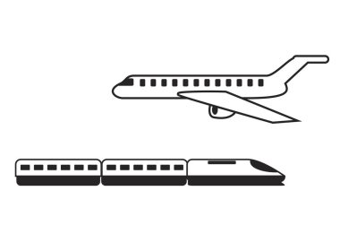 Simgeler seyahat. Baskı, mobil uygulaması web site simgesi. Basit öðeler. Tek renkli uçak ve tren vektör çizim