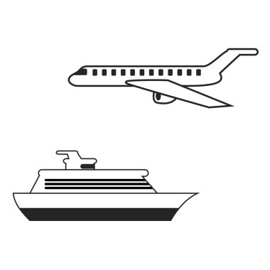 Seyahat ikonları. Mobil uygulama, yazdırma, web sitesi simgesi. Basit elementler. Tek renkli uçak ve gemi vektör çizimi