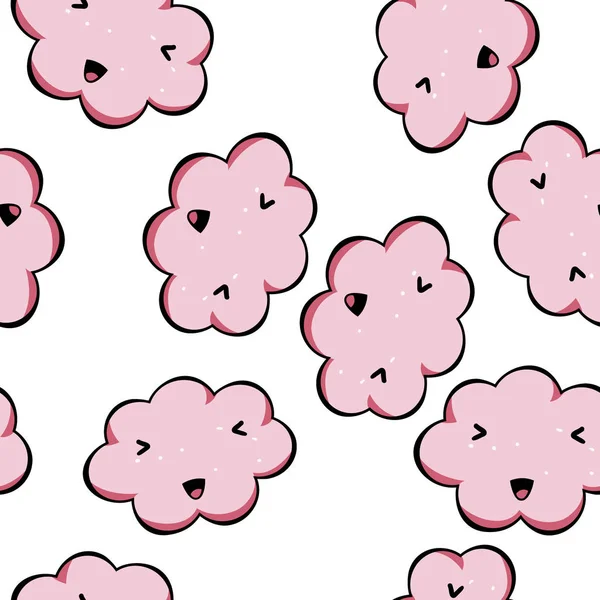 Dikişsiz desen kawai pembe bulutlar beyaz arka plan üzerinde izole vektör. Tasarımınız için şirin zemin