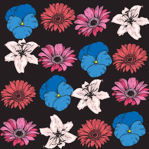 Světlé Pozadí Ručně Kreslené Květy Černém Pozadí Různé Pupeny Lily — Stockový vektor