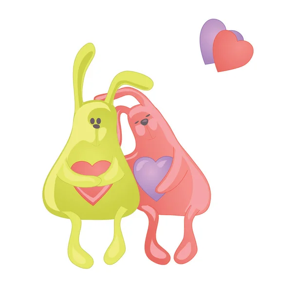 Due Deliziosi Conigli Dei Cartoni Animati Paio Lepri Abbracciate Animali — Vettoriale Stock