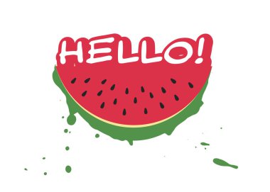 Karpuz dilimi ve yazıtlar beyaz arka planda izole edilmiş modaya uygun düz tarzda Hello. Web sitenizin tasarımı, logosu, uygulaması için yaz sembolü. Vektör illüstrasyonu