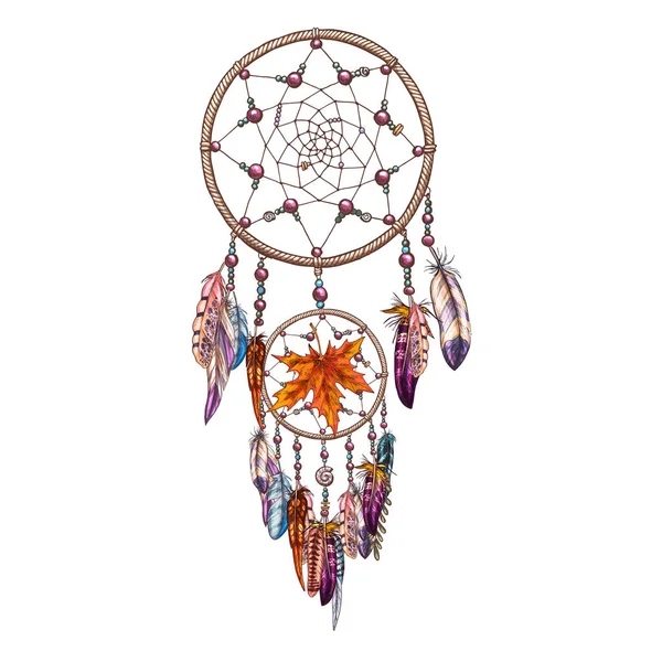 Mão Desenhado Ornamentado Dreamcatcher Com Penas Folhas Outono Símbolo Mágico — Vetor de Stock