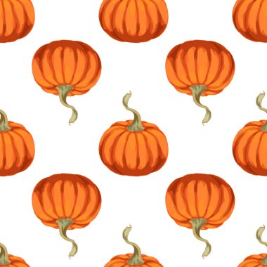 Beyaz bir arka planda Turuncu kabak trendy sebze desenle. Sorunsuz vektör doku tasarımınız için