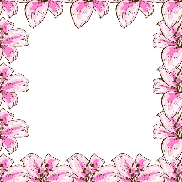 美丽的粉红色百合花框 花设计为卡片 海报等 植物学矢量插画 — 图库矢量图片