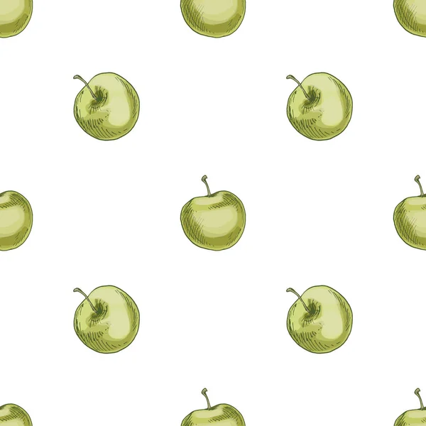 白地に緑のリンゴとトレンディなフルーティーなパターン あなたのデザインのためのシームレスなベクトル テクスチャ — ストックベクタ