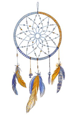 El süslü Rüya yakalayıcı tüylü yumuşak modaya uygun renklerde çekilmiş. Astroloji, maneviyat, sihirli sembolü. Etnik kabile öğesi