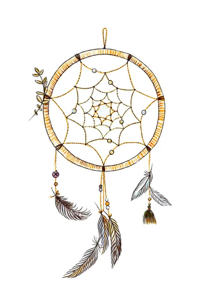 Ręcznie Rysowane Kwiecisty Dream Catcher Piór Modnej Kolorystyce Astrologia Duchowość — Zdjęcie stockowe