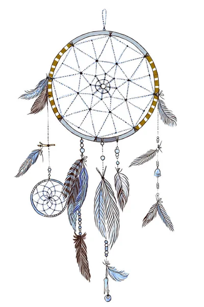 Hand Getekend Sierlijke Dream Catcher Met Veren Zachte Trendy Kleuren — Stockfoto