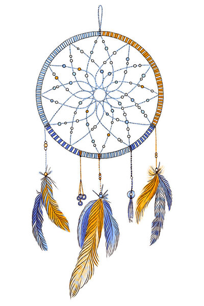 Hand drawn ornate Dream catcher with feathers in soft trendy colors. Astrology, spirituality, magic symbol. Ethnic tribal element
