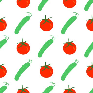 Salatalık ve domates üzerinde beyaz bir arka plan ile sebze seamless modeli. Tasarımınız için sağlıklı gıda zemin. Vektör çizim