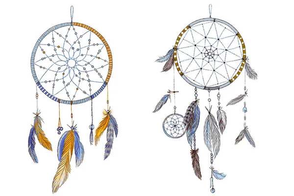 two-hand-drawn-ornate-dream-catchers-feathers-soft-trendy-colors
