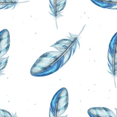 Mavi renkli, dikişsiz tüy deseni. Kuş tüyleri olan kusursuz bir arka plan. Doku tekerrür ediyor. Boho tarzı