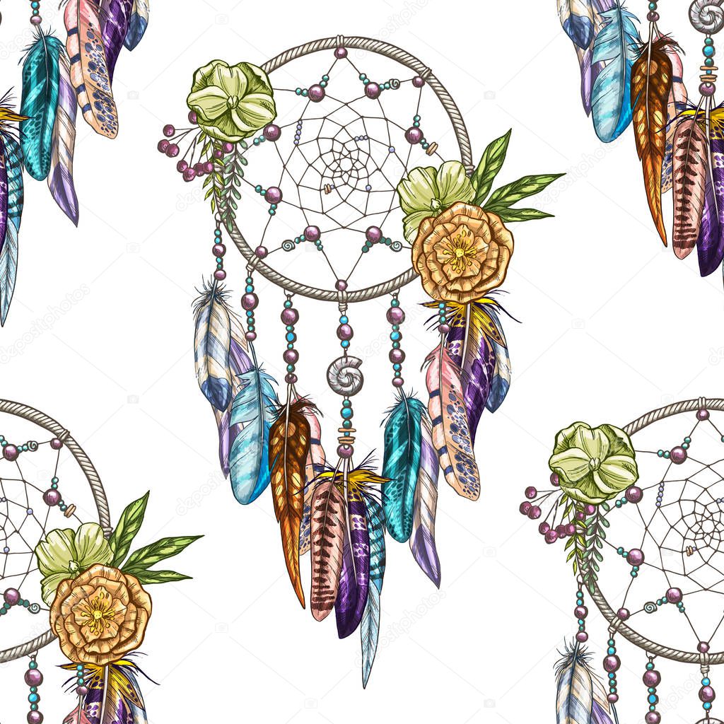 Vector seamless pattern with Dream catcher isolated on white background. Luxury dream catcher with flowers and beads