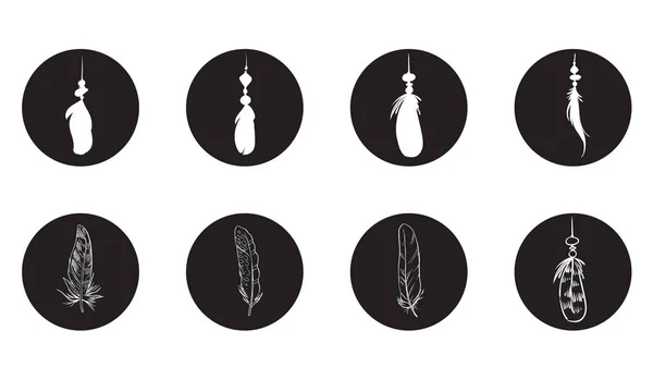 Ensemble Silhouettes Plumes Détaillées Isolées Sur Cercle Noir Illustration Laconique — Image vectorielle