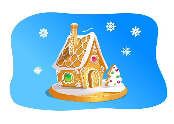 青い背景に隔離された手のドローニンジンジャーブレッドハウス クリスマスクッキー 茶と白 — ストックベクタ