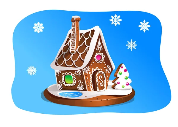 Casa Jengibre Dibujada Mano Aislada Sobre Fondo Azul Galletas Navidad — Vector de stock