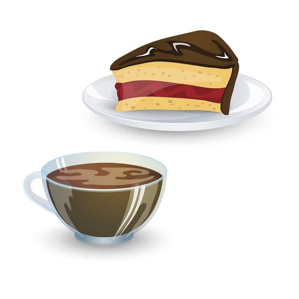 Tasse Transparente Café Morceau Gâteau Chocolat Avec Confiture Isolée Sur — Image vectorielle