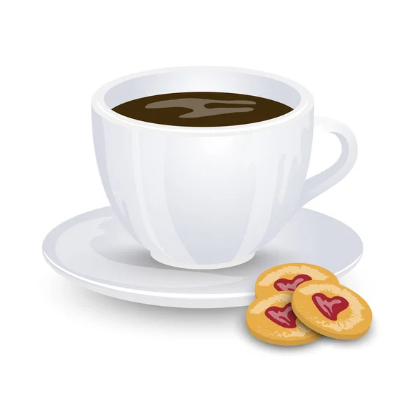 Weiße Tasse Kaffee Und Kekse Mit Marmelade Isoliert Auf Weißem — Stockvektor