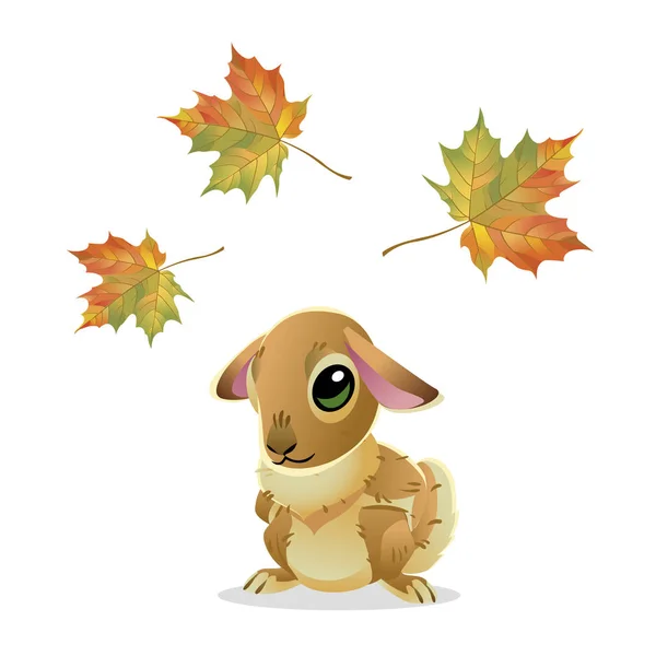 Cute rabbit with maple leaves isolated on white background. Vector illustration of cartoon brown hare. Mid Autumn Festival collection