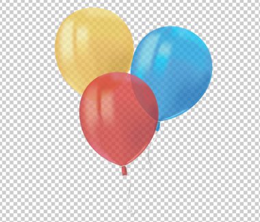 Gerçekçi hava uçan renkli balonların bileşimi şeffaf arkaplanda izole edilmiş yansımalardır. Doğum günü partisi ya da balon tebrik kartı tasarım elementi için kutlama dekorasyonu. Vektör