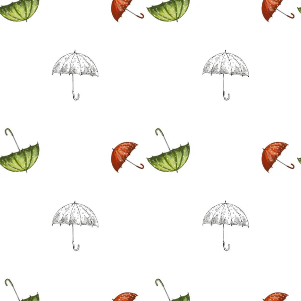 Seamless Pattern Red Green Contoured Hand Drawn Umbrellas Autumn Accessories — Stock Photo, Image