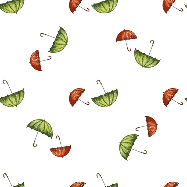 Безшовний Візерунок Червоними Зеленими Намальованими Парасольками Ілюстрація Колекції Осінніх Аксесуарів — стокове фото