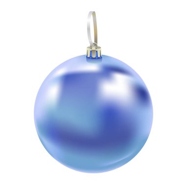 Beyaz arka plana yansıyan güzel gerçekçi 3D camsı mavi top. Geleneksel Noel ağacı süsü. Vektör illüstrasyonu