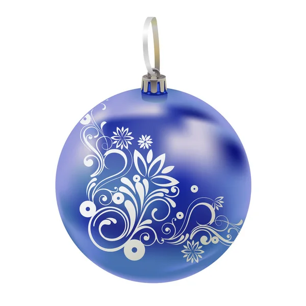 Prachtige Realistische Nieuwjaar Glazen Blauwe Bal Met Reflecties Winter Patroon — Stockvector
