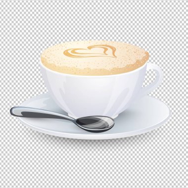 Süt köpüklü kapuçino. Şeffaf bir arkaplanda çay tabağı ve kaşıkla beyaz bardakta popüler bir kahve içeceği. Vektör illüstrasyonu
