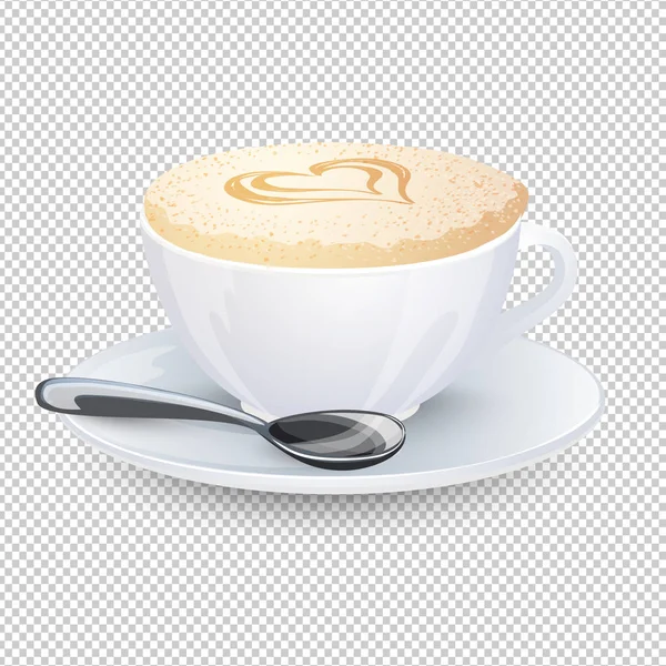 Süt köpüklü kapuçino. Şeffaf bir arkaplanda çay tabağı ve kaşıkla beyaz bardakta popüler bir kahve içeceği. Vektör illüstrasyonu