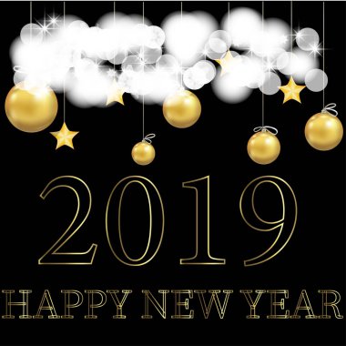 Yeni yıl 2019 Noel ağacı oyuncaklarıyla dolu güzel tebrik kartı. Geleneksel kış tatili tasarımı. Mevsimlik tebrik kartı, takvim, poster, afiş, broşür şürü. Vektör İllüstrasyonu