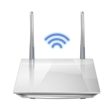 Gerçekçi 3D kablosuz yönlendirici beyaz arkaplanda izole edildi. Wi-fi ve internetin kaynağı. Vektör illüstrasyonu