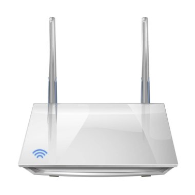Gerçekçi 3D kablosuz yönlendirici beyaz arkaplanda izole edildi. Wi-fi ve internetin kaynağı. Vektör illüstrasyonu