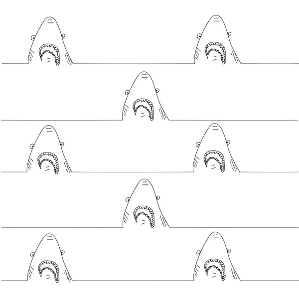 Monochrome Pattern Hand Drawn Funny Contoured Shark Vector Illustration — Stock Vector