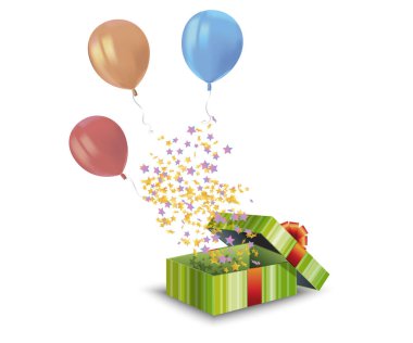 Yansımalı renkli balonlar, hediye kutusu ve beyaz arka planda konfeti. Doğum günü partisi ya da balon tebrik kartı tasarım elementi için kutlama dekorasyonu. Vektör